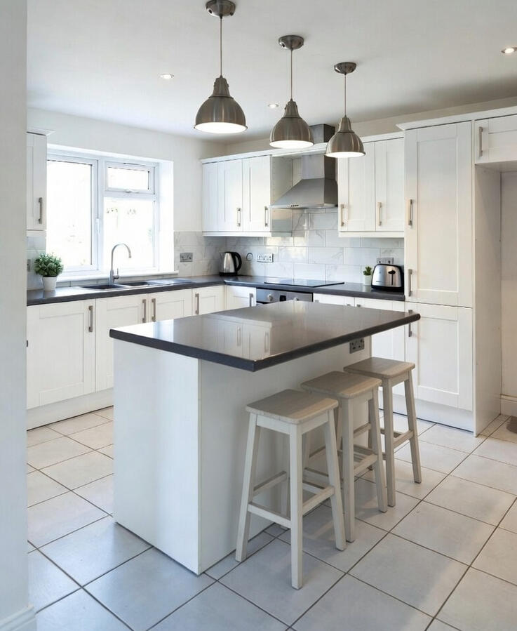 Kitchen with dark-top island, bar stools and pendant lights Kitchen with dark-top island, bar stools and pendant lights